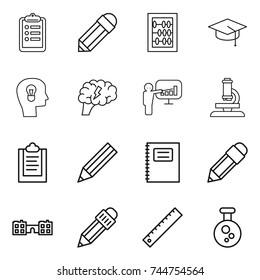 thin line icon set : clipboard, pencil, abacus, graduate hat, bulb head, brain, presentation, microscope, copybook, school, ruler, chemical