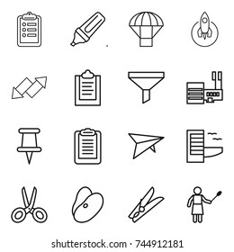 thin line icon set : clipboard, marker, parachute, rocket, up down arrow, funnel, mall, pin, deltaplane, hotel, scissors, beans, clothespin, woman with duster