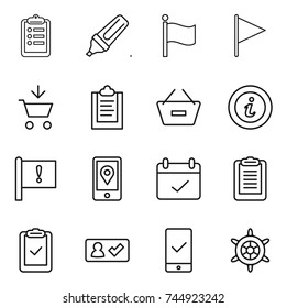 thin line icon set : clipboard, marker, flag, add to cart, remove from basket, info, important, mobile location, terms, check, in, checking, handwheel