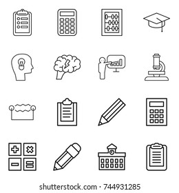 thin line icon set : clipboard, calculator, abacus, graduate hat, bulb head, brain, presentation, microscope, electrostatic, pencil, university