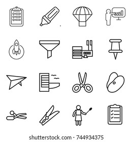 thin line icon set : clipboard, marker, parachute, presentation, rocket, funnel, mall, pin, deltaplane, hotel, scissors, beans, clothespin, woman with duster, list