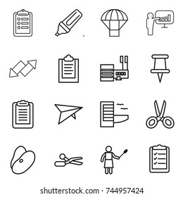thin line icon set : clipboard, marker, parachute, presentation, up down arrow, mall, pin, deltaplane, hotel, scissors, beans, woman with duster, list