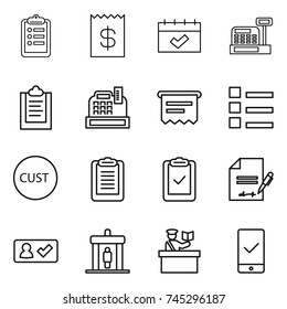 thin line icon set : clipboard, receipt, calendar, cashbox, atm, list, customs, check, inventory, in, detector, inspector, mobile checking