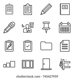thin line icon set : clipboard, pencil, copybook, architector, pin, calendar, pen, check, documents, document, sorting, window, door, skyscrapers cleaning