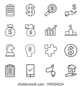 thin line icon set : clipboard, dollar, magnifier, investment, money bag, gift, diagram, pedestal, chess horse, bulb head, puzzle, coin, mobile checking, golf, housing
