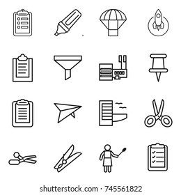 thin line icon set : clipboard, marker, parachute, rocket, funnel, mall, pin, deltaplane, hotel, scissors, clothespin, woman with duster, list