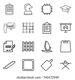 thin line icon set : clipboard, chess horse, chip, graduate hat, presentation, inventory, pallet, windsurfing, cutting board, stairs, iron