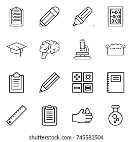 thin line icon set : clipboard, pencil, marker, abacus, graduate hat, brain, microscope, electrostatic, calculator, copybook, ruler, acid, chemical