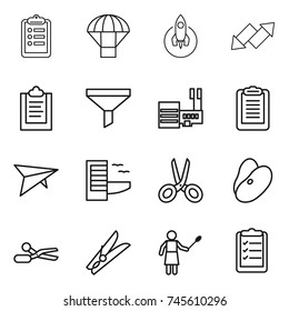 thin line icon set : clipboard, parachute, rocket, up down arrow, funnel, mall, deltaplane, hotel, scissors, beans, clothespin, woman with duster, list