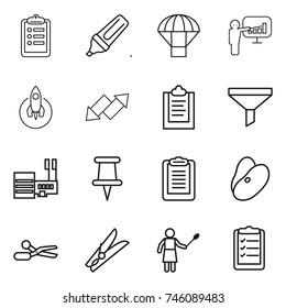 thin line icon set : clipboard, marker, parachute, presentation, rocket, up down arrow, funnel, mall, pin, beans, scissors, clothespin, woman with duster, list