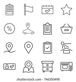thin line icon set : clipboard, flag, calendar, star, percent, car pointer, remove from basket, geo pin, check, sun potection, in, map, nightstand, grill oven