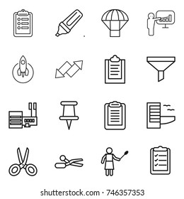 thin line icon set : clipboard, marker, parachute, presentation, rocket, up down arrow, funnel, mall, pin, hotel, scissors, woman with duster, list