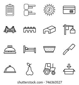 thin line icon set : clipboard, diagram, sun power, credit card, bridge, warehouse, loading, service bell, bed, colander, chef knife, meal cap, pear, tractor, package