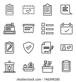 thin line icon set : clipboard, calendar, shopping list, cashbox, atm receipt, terms, pen, protected, inventory, check in, detector, baggage checking, inspector