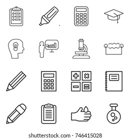 thin line icon set : clipboard, marker, calculator, graduate hat, bulb head, presentation, microscope, electrostatic, pencil, copybook, acid, chemical