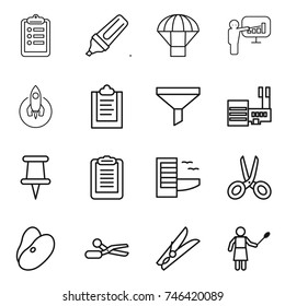 thin line icon set : clipboard, marker, parachute, presentation, rocket, funnel, mall, pin, hotel, scissors, beans, clothespin, woman with duster