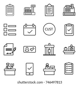thin line icon set : clipboard, cashbox, list, terms, customs, check, inventory, in, detector, baggage checking, inspector, mobile, reception