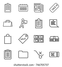 thin line icon set : clipboard, calendar, newspaper, sale, shopping bag, courier, list, label, panel house, money, documents, do not trolley sign, ticket