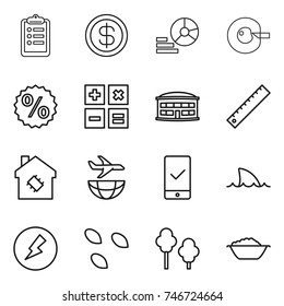 thin line icon set : clipboard, dollar, diagram, cell corection, percent, calculator, airport building, ruler, smart house, plane shipping, mobile checking, shark flipper, electricity, seeds, trees