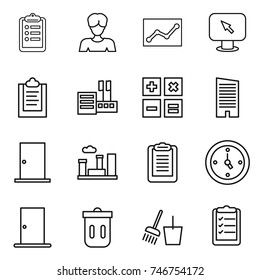thin line icon set : clipboard, woman, statistics, monitor arrow, store, calculator, skyscraper, door, city, watch, trash bin, bucket and broom, list