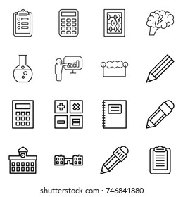 thin line icon set : clipboard, calculator, abacus, brain, round flask, presentation, electrostatic, pencil, copybook, university, school