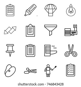 thin line icon set : clipboard, marker, parachute, rocket, up down arrow, funnel, mall, pin, hotel, scissors, beans, woman with duster, list