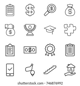 thin line icon set : clipboard, dollar, magnifier, money bag, gift, trophy, graduate hat, puzzle, medal, mobile checking, golf, stairs, housing