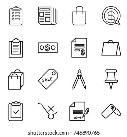 thin line icon set : clipboard, newspaper, shopping bag, dollar arrow, money, account balance, sale label, drawing compasses, pin, check, do not trolley sign, inventory