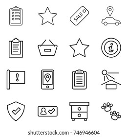thin line icon set : clipboard, star, sale, car pointer, remove from basket, info, important flag, mobile location, sun potection, protected, check in, nightstand, pets