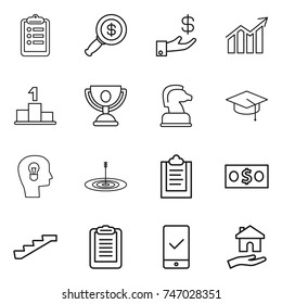 thin line icon set : clipboard, dollar magnifier, investment, diagram, pedestal, trophy, chess horse, graduate hat, bulb head, target, money, stairs, mobile checking, housing