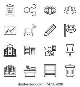 thin line icon set : clipboard, share, team, group, statistics, notebook wireless, pencil, store signboard, building, district, architector, pin, office, reception, rack, trash bin
