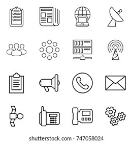 thin line icon set : clipboard, newspaper, notebook globe, satellite antenna, group, round around, server, megafon, phone, mail, intercome, gears