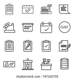 thin line icon set : clipboard, calendar, cashbox, shopping list, atm receipt, terms, customs, pen, check, inventory, in, detector, inspector