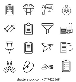 thin line icon set : clipboard, parachute, presentation, rocket, up down arrow, funnel, mall, pin, deltaplane, hotel, scissors, beans, list