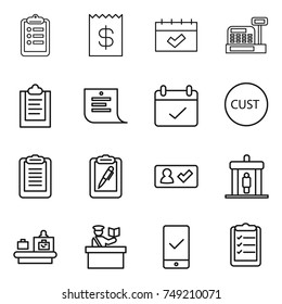 thin line icon set : clipboard, receipt, calendar, cashbox, shopping list, terms, customs, pen, check in, detector, baggage checking, inspector, mobile