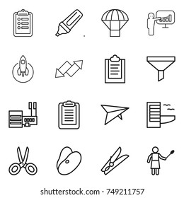 thin line icon set : clipboard, marker, parachute, presentation, rocket, up down arrow, funnel, mall, deltaplane, hotel, scissors, beans, clothespin, woman with duster