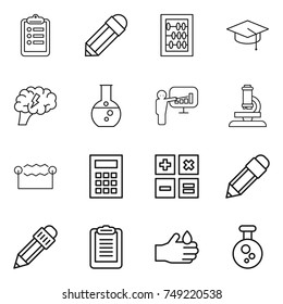thin line icon set : clipboard, pencil, abacus, graduate hat, brain, round flask, presentation, microscope, electrostatic, calculator, acid, chemical