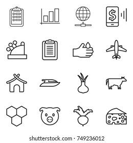 thin line icon set : clipboard, graph, globe connect, mobile pay, cashbox, acid, airplane, bungalow, yacht, onion, cow, honeycombs, pig, beet, cheese
