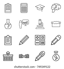 thin line icon set : clipboard, calculator, graduate hat, brain, round flask, presentation, microscope, electrostatic, pencil, university, school, chemical