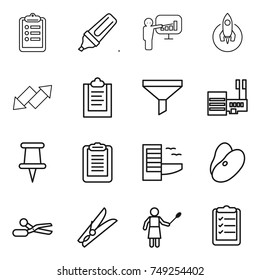 thin line icon set : clipboard, marker, presentation, rocket, up down arrow, funnel, mall, pin, hotel, beans, scissors, clothespin, woman with duster, list
