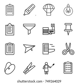 thin line icon set : clipboard, marker, parachute, rocket, funnel, mall, pin, deltaplane, hotel, scissors, beans, clothespin, woman with duster, list