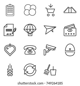 thin line icon set : clipboard, atom core, add to cart, pyramid, inventory, parachute delivery, deltaplane, credit card, heart pendant, phone, surveillance camera, egg timer, spikelets, reload