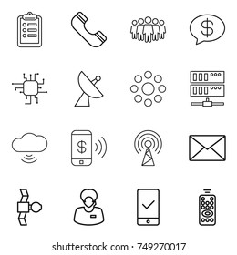 thin line icon set : clipboard, phone, team, money message, chip, satellite antenna, round around, server, cloud wireless, pay, mail, support manager, mobile checking, remote control