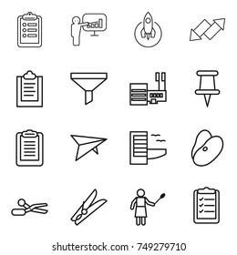 thin line icon set : clipboard, presentation, rocket, up down arrow, funnel, mall, pin, deltaplane, hotel, beans, scissors, clothespin, woman with duster, list