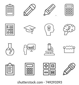 thin line icon set : clipboard, pencil, marker, calculator, abacus, graduate hat, bulb head, brain, round flask, presentation, microscope, electrostatic