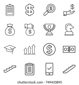 thin line icon set : clipboard, dollar, magnifier, investment, money bag, gift, trophy, chess horse, graduate hat, graph up, coin, stairs, mobile checking