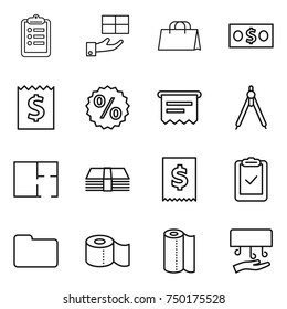 thin line icon set : clipboard, gift, shopping bag, money, receipt, percent, atm, drawing compasses, plan, tax, check, documents, toilet paper, towel, hand dryer