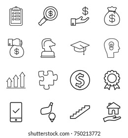thin line icon set : clipboard, dollar magnifier, investment, money bag, gift, chess horse, graduate hat, bulb head, graph up, puzzle, coin, medal, mobile checking, golf, stairs, housing