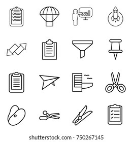 thin line icon set : clipboard, parachute, presentation, rocket, up down arrow, funnel, pin, deltaplane, hotel, scissors, beans, clothespin, list