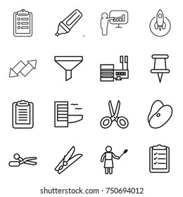 thin line icon set : clipboard, marker, presentation, rocket, up down arrow, funnel, mall, pin, hotel, scissors, beans, clothespin, woman with duster, list